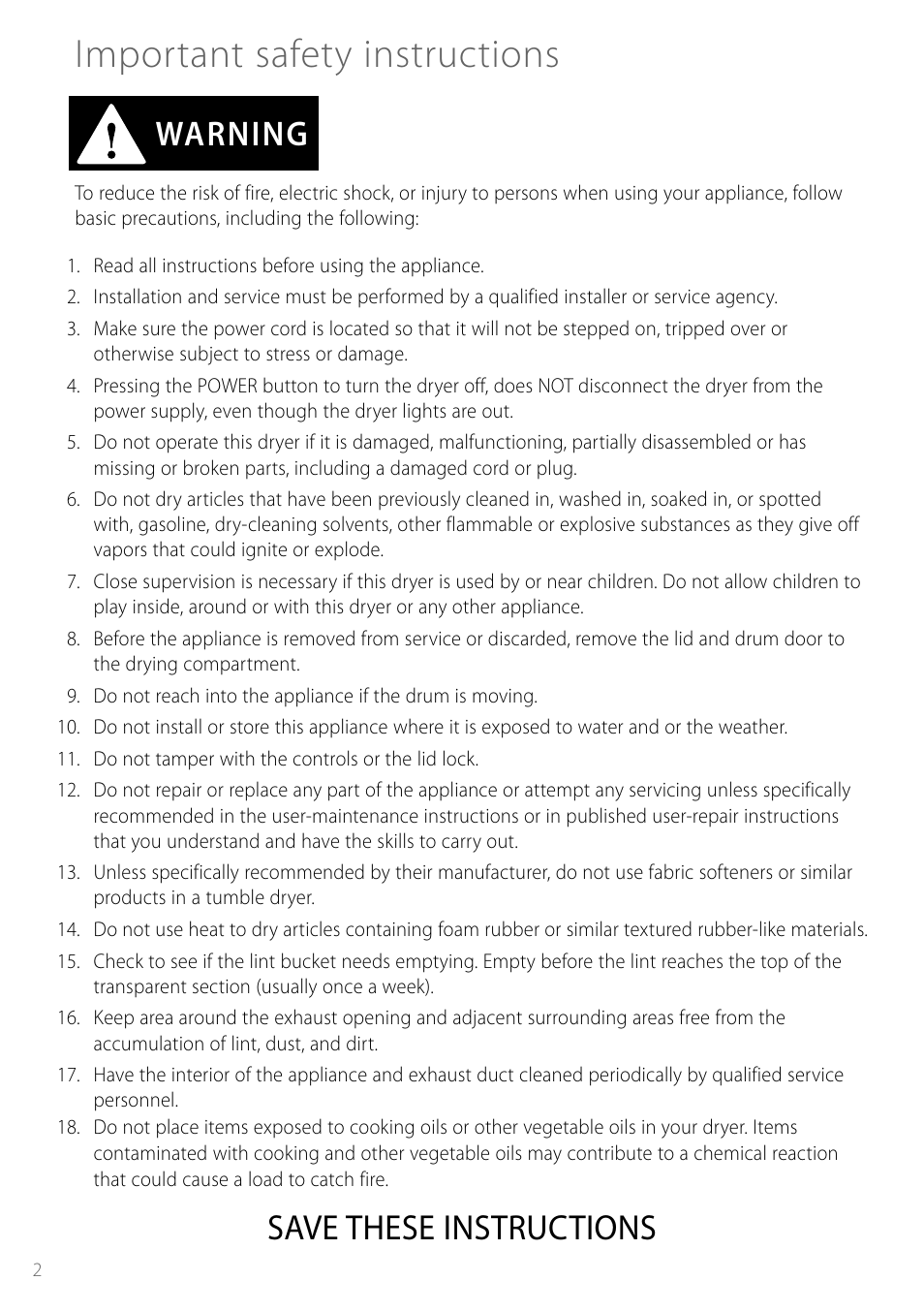 Important safety instructions, Save these instructions, Warning | Fisher & Paykel Smartload DEGX1US User Manual | Page 2 / 24