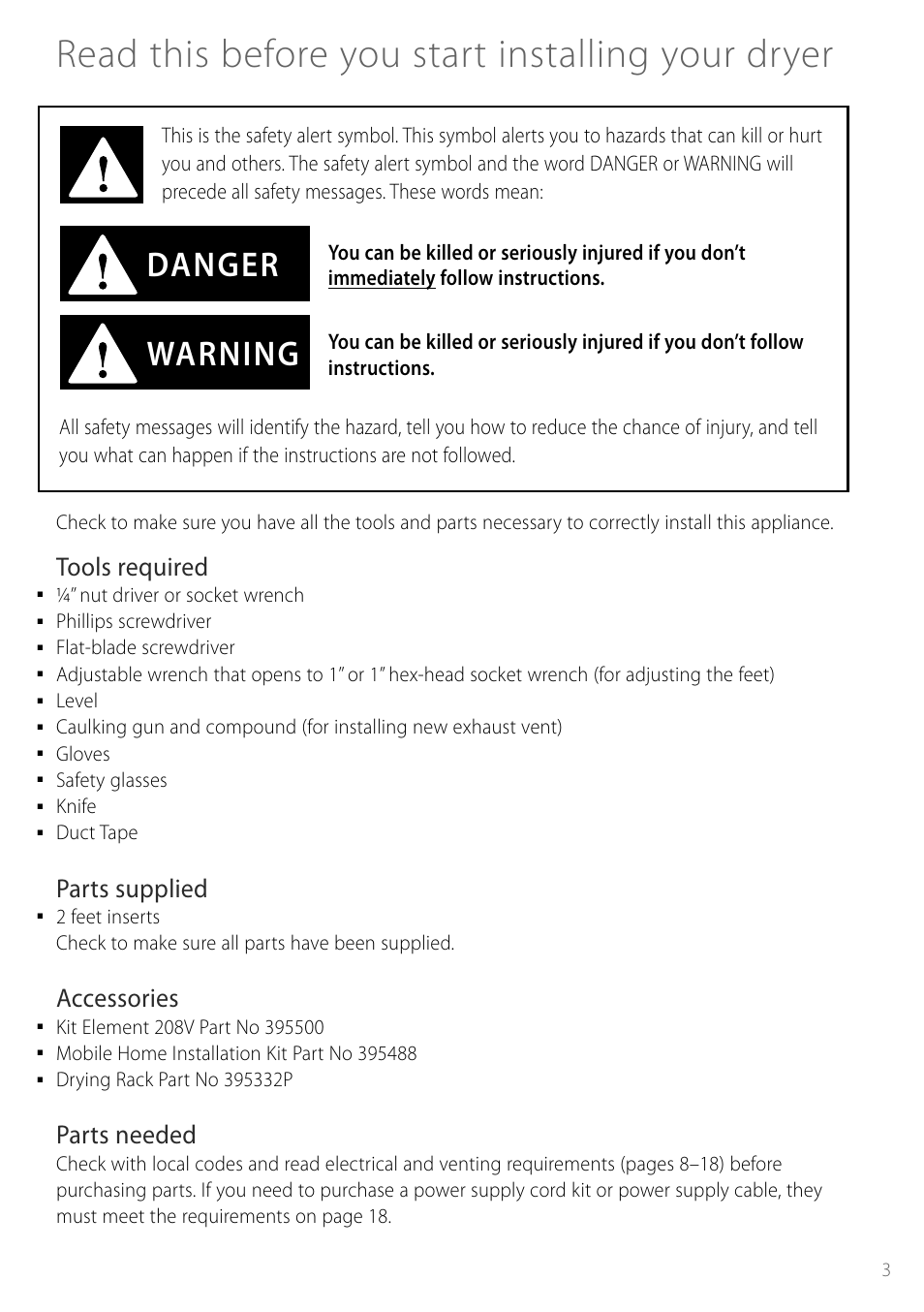 Read this before you start installing your dryer, Warning danger, Tools required | Parts supplied, Accessories, Parts needed | Fisher & Paykel Smartload DEGX1US User Manual | Page 3 / 24