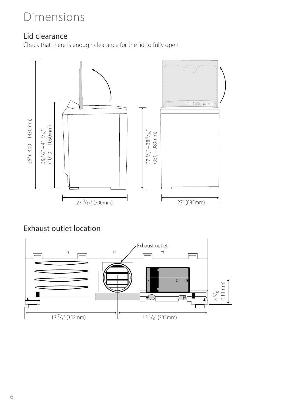 Dimensions, Lid clearance, Exhaust outlet location | Fisher & Paykel Smartload DEGX1US User Manual | Page 6 / 24