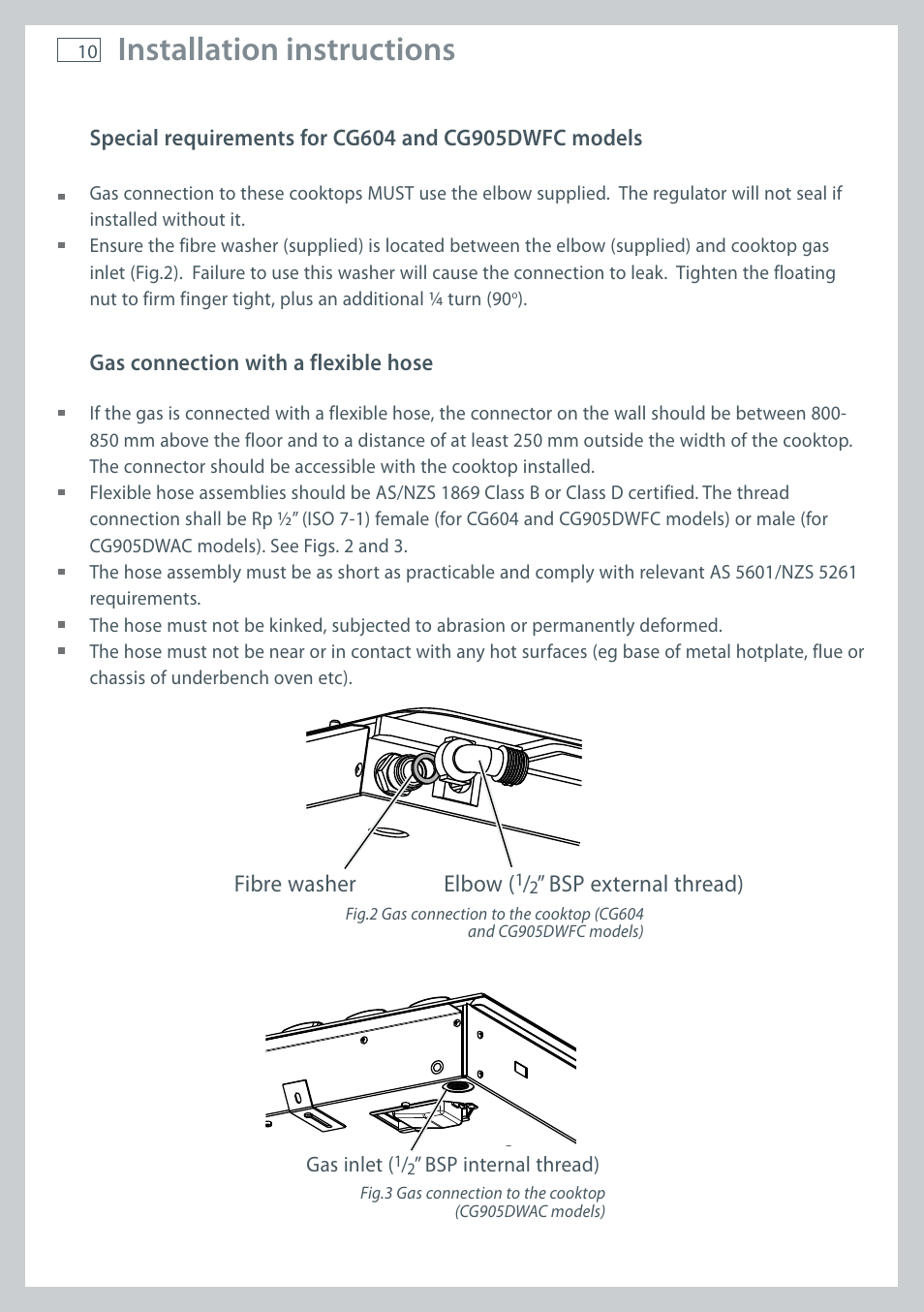 Installation instructions, Fibre washer elbow, Bsp external thread) | Fisher & Paykel CG905 User Manual | Page 12 / 36