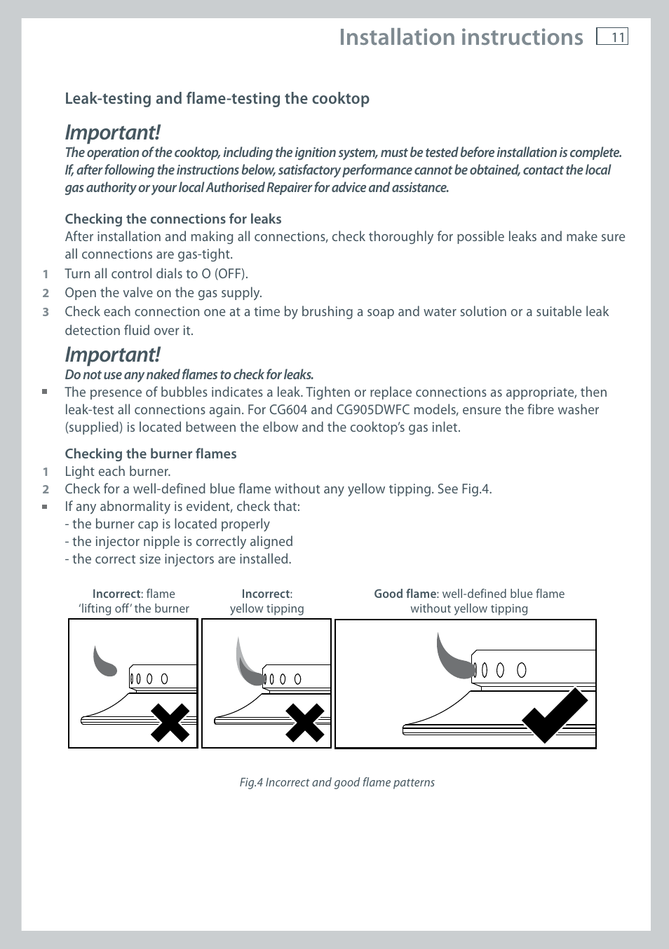 Installation instructions, Important | Fisher & Paykel CG905 User Manual | Page 13 / 36