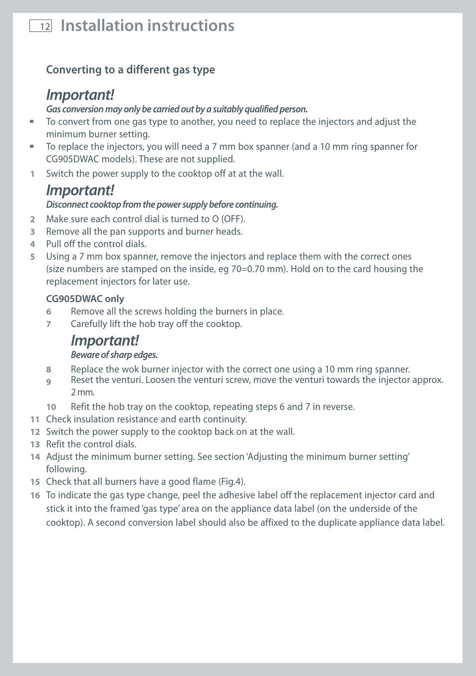Installation instructions, Important | Fisher & Paykel CG905 User Manual | Page 14 / 36
