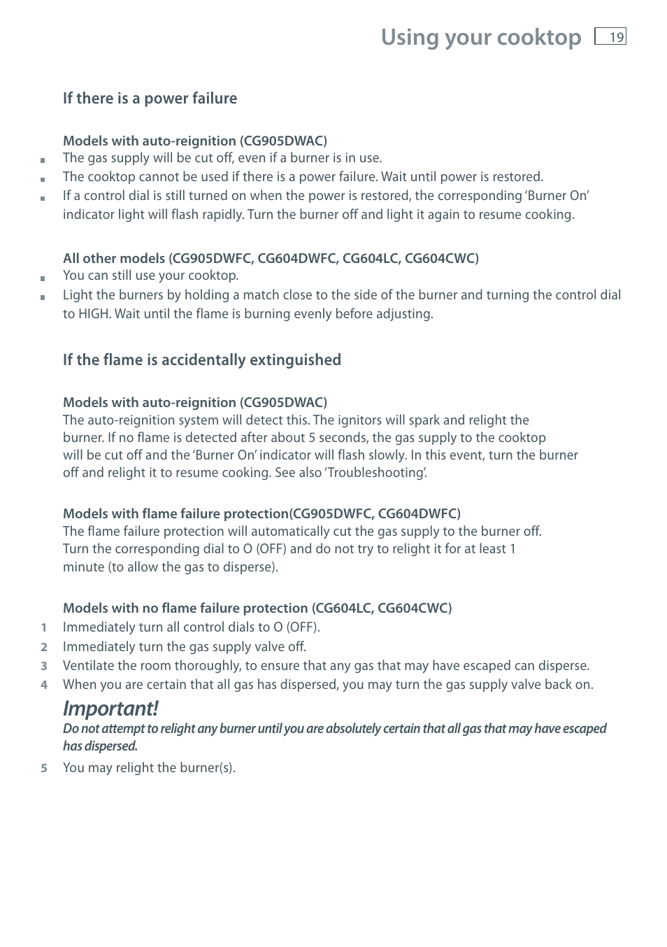 Using your cooktop, Important | Fisher & Paykel CG905 User Manual | Page 21 / 36