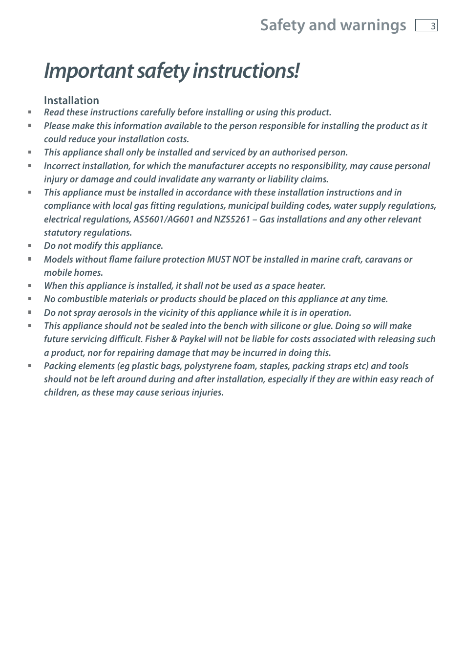 Important safety instructions, Safety and warnings | Fisher & Paykel CG905 User Manual | Page 5 / 36