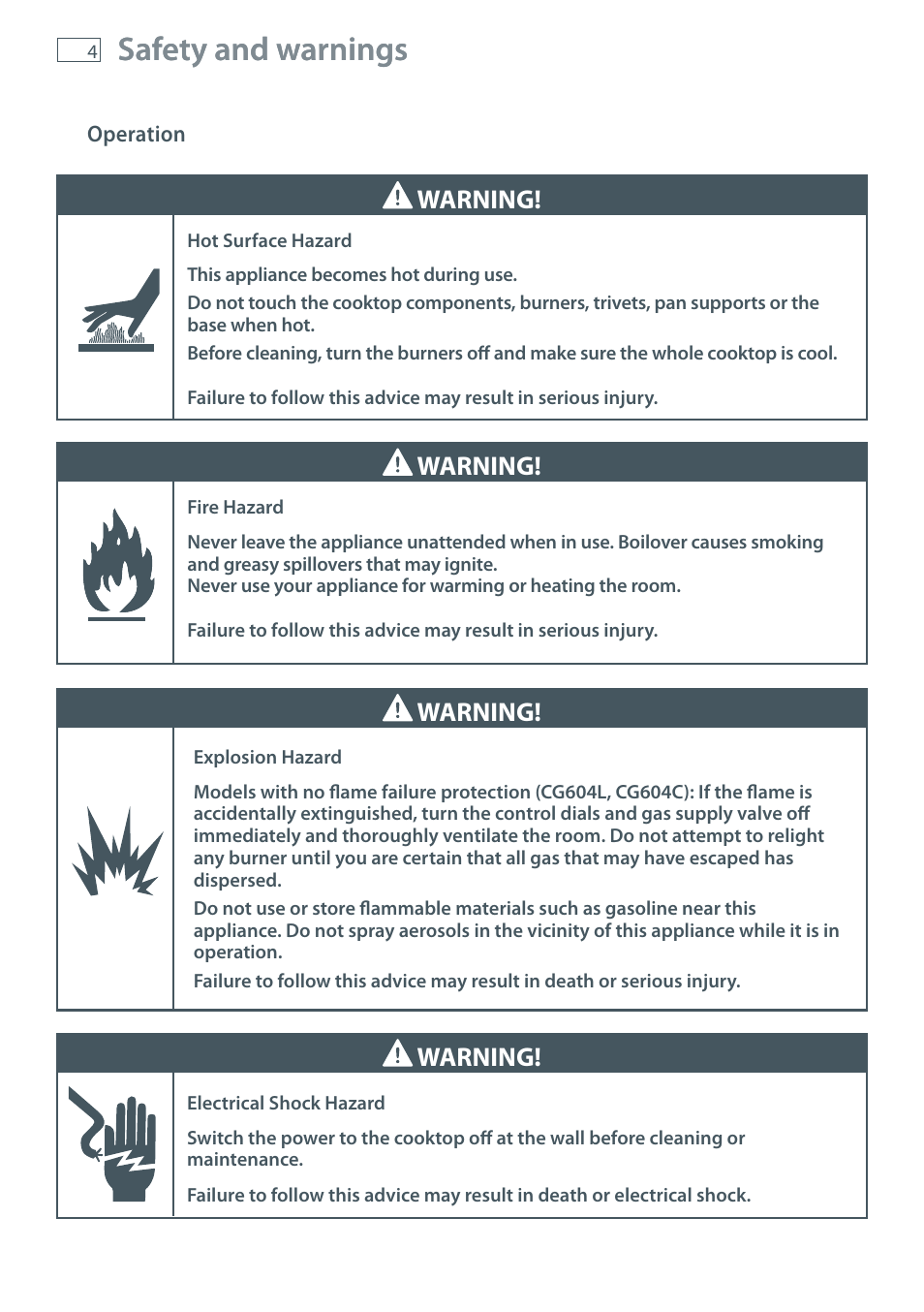 Safety and warnings, Warning | Fisher & Paykel CG905 User Manual | Page 6 / 36