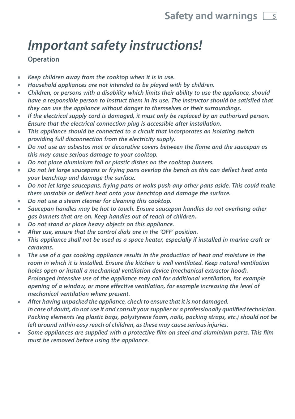 Important safety instructions, Safety and warnings | Fisher & Paykel CG905 User Manual | Page 7 / 36