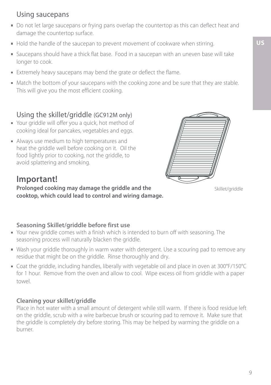 Important, Using saucepans, Using the skillet/griddle | Fisher & Paykel GC912M User Manual | Page 11 / 52