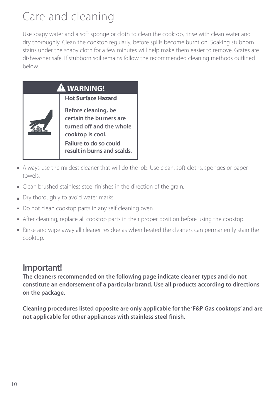 Care and cleaning, Important, Warning | Fisher & Paykel GC912M User Manual | Page 12 / 52