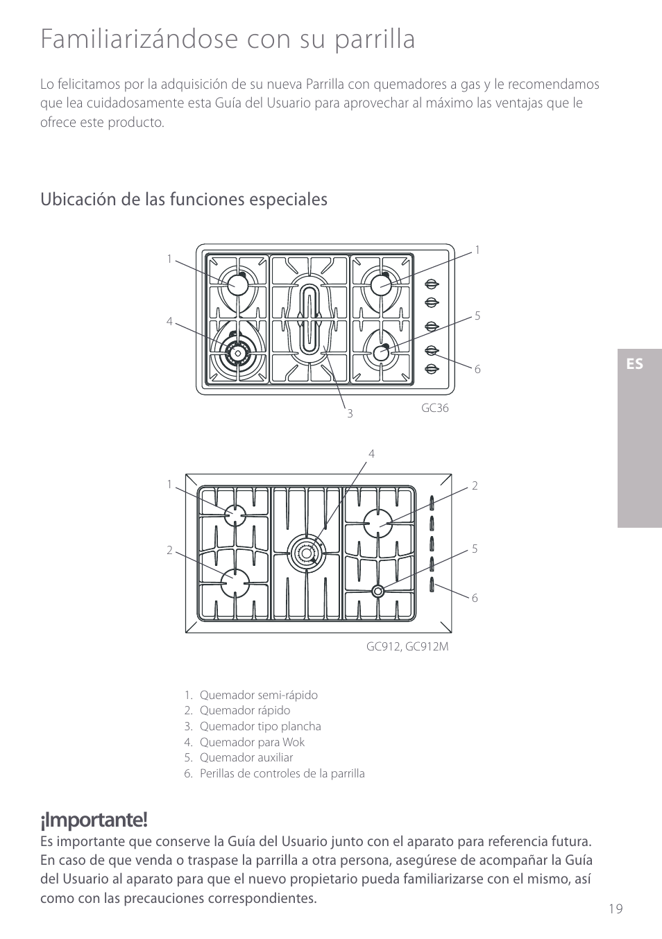 Familiarizándose con su parrilla, Importante, Ubicación de las funciones especiales | Fisher & Paykel GC912M User Manual | Page 21 / 52