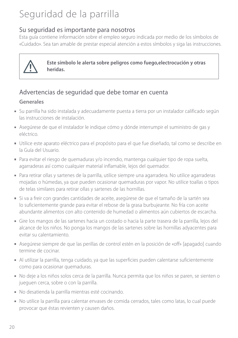 Seguridad de la parrilla, Su seguridad es importante para nosotros, Advertencias de seguridad que debe tomar en cuenta | Fisher & Paykel GC912M User Manual | Page 22 / 52