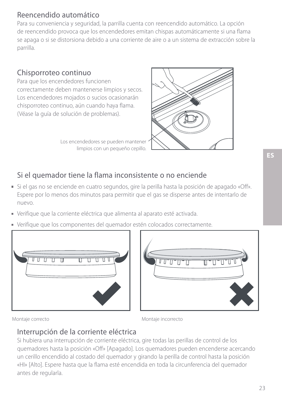 Reencendido automático, Chisporroteo continuo, Interrupción de la corriente eléctrica | Fisher & Paykel GC912M User Manual | Page 25 / 52