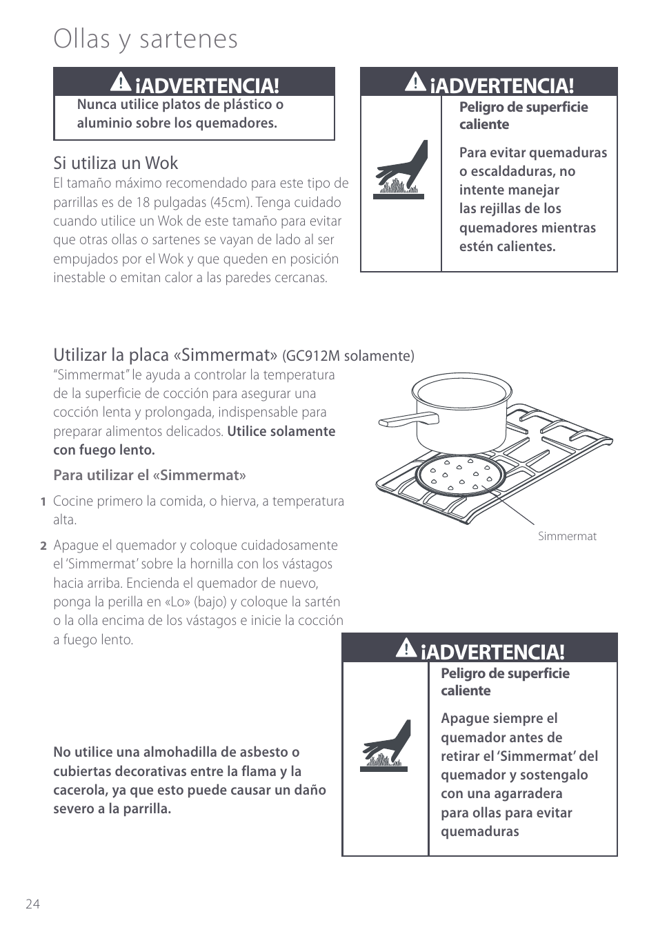 Ollas y sartenes, Advertencia | Fisher & Paykel GC912M User Manual | Page 26 / 52