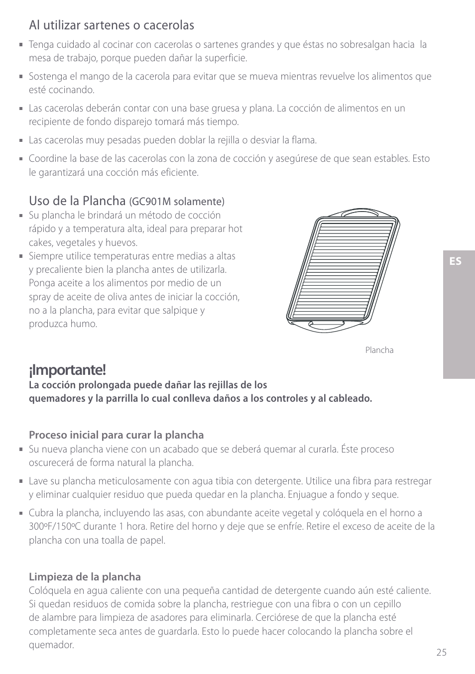 Importante, Al utilizar sartenes o cacerolas, Uso de la plancha | Fisher & Paykel GC912M User Manual | Page 27 / 52