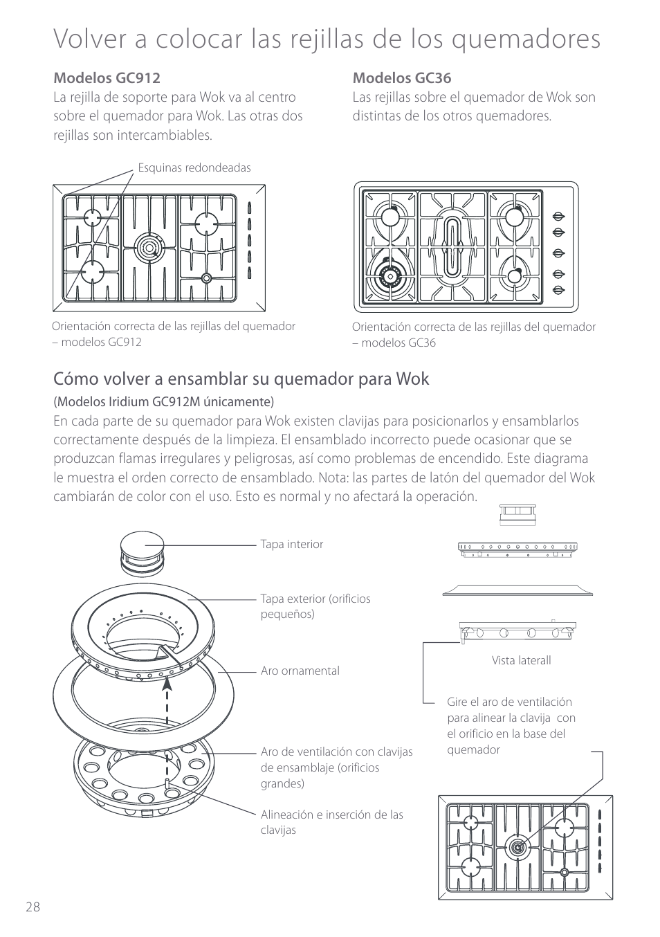 Volver a colocar las rejillas de los quemadores, Cómo volver a ensamblar su quemador para wok | Fisher & Paykel GC912M User Manual | Page 30 / 52