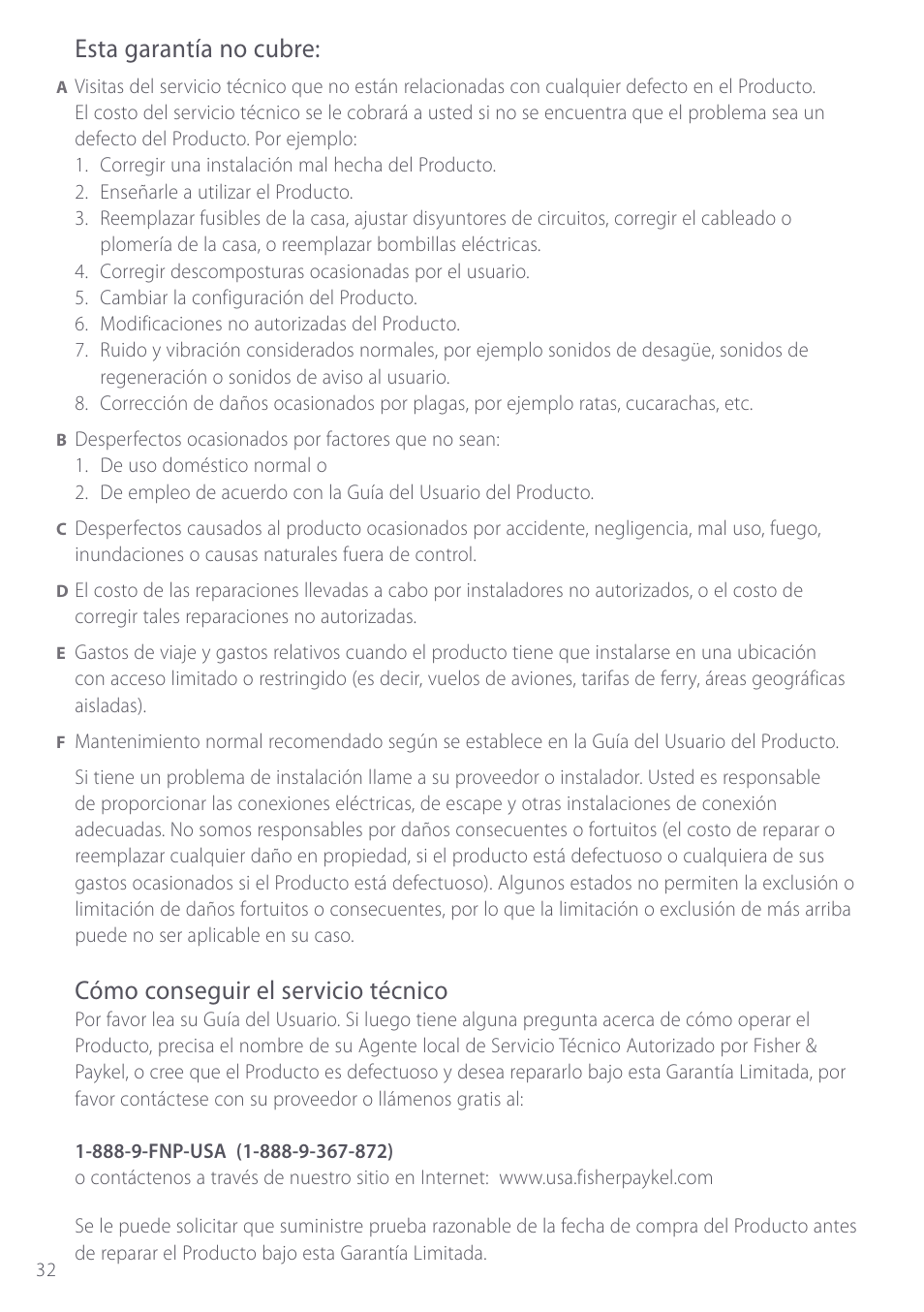 Esta garantía no cubre, Cómo conseguir el servicio técnico | Fisher & Paykel GC912M User Manual | Page 34 / 52