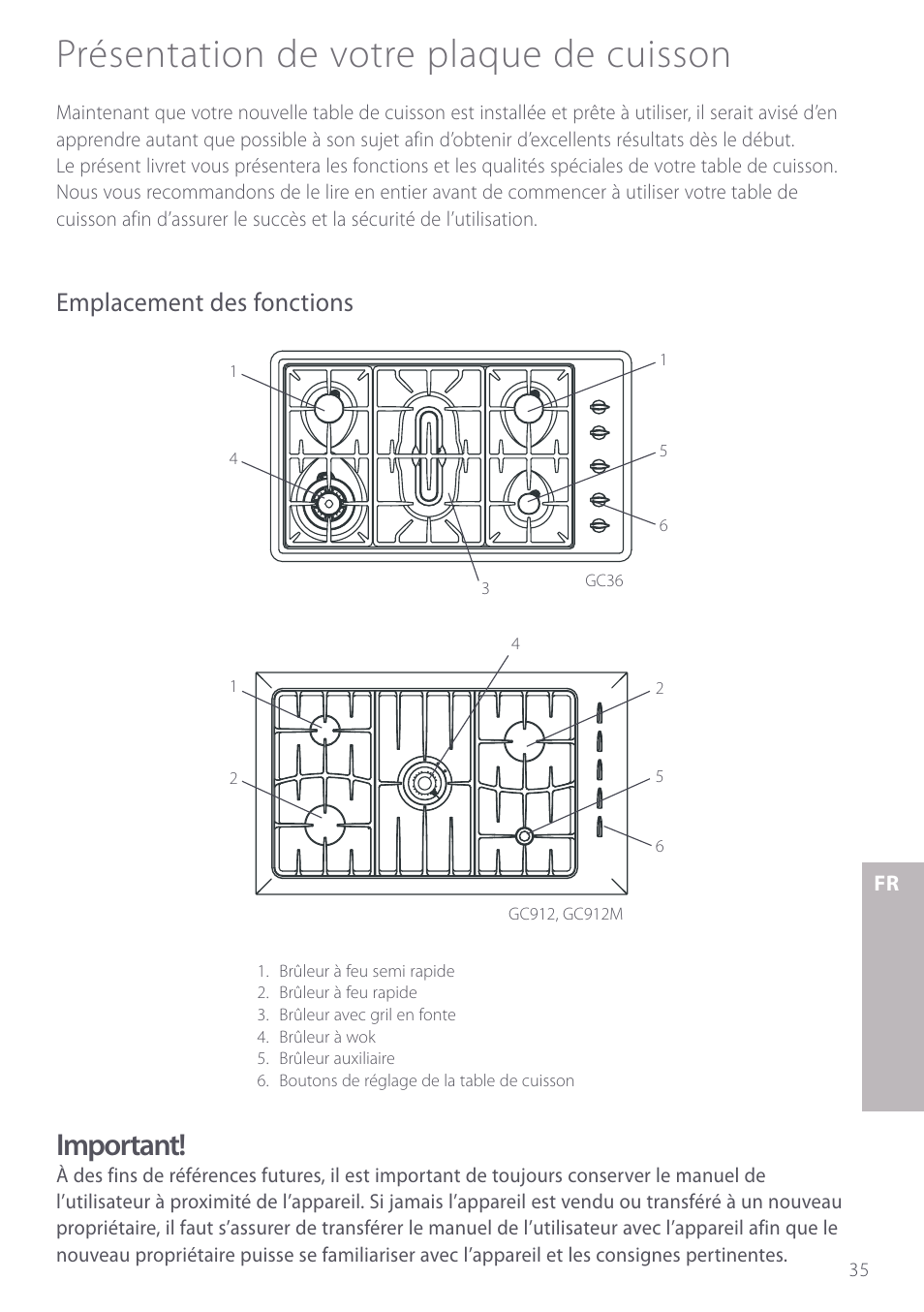 Présentation de votre plaque de cuisson, Important, Emplacement des fonctions | Fisher & Paykel GC912M User Manual | Page 37 / 52