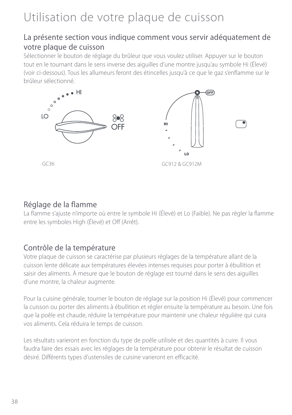 Utilisation de votre plaque de cuisson, Réglage de la flamme, Contrôle de la température | Fisher & Paykel GC912M User Manual | Page 40 / 52