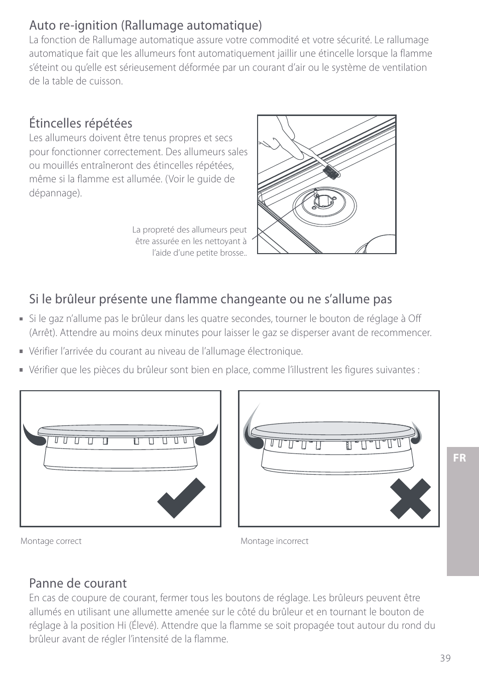 Auto re-ignition (rallumage automatique), Étincelles répétées, Panne de courant | Fisher & Paykel GC912M User Manual | Page 41 / 52