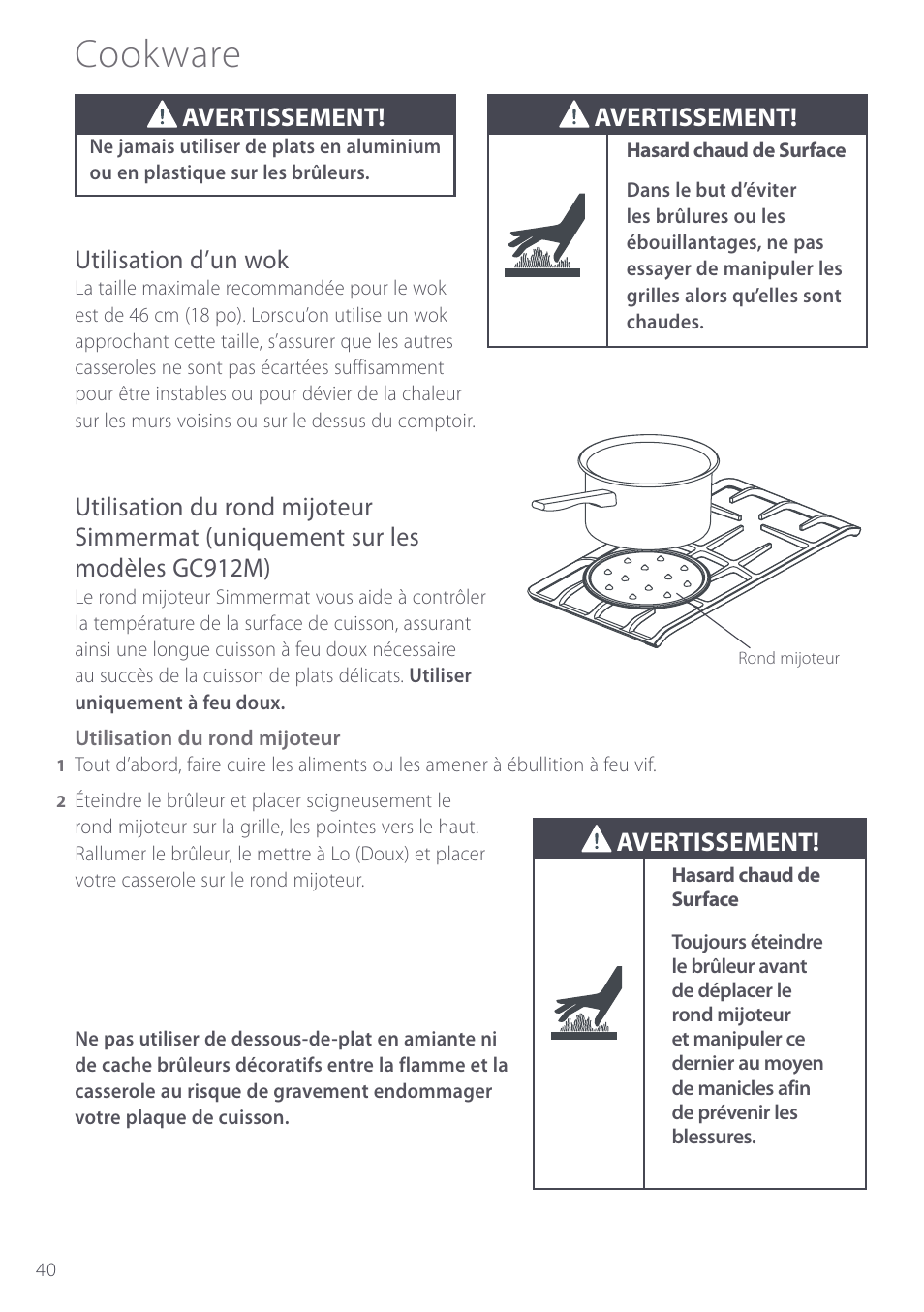 Cookware, Utilisation d’un wok, Avertissement | Fisher & Paykel GC912M User Manual | Page 42 / 52