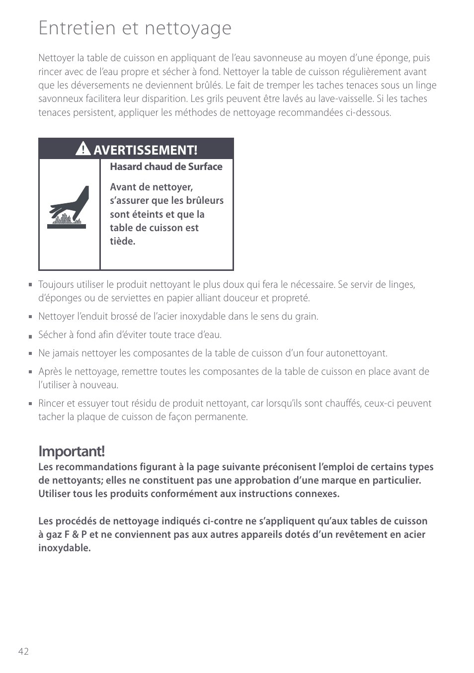 Entretien et nettoyage, Important, Avertissement | Fisher & Paykel GC912M User Manual | Page 44 / 52