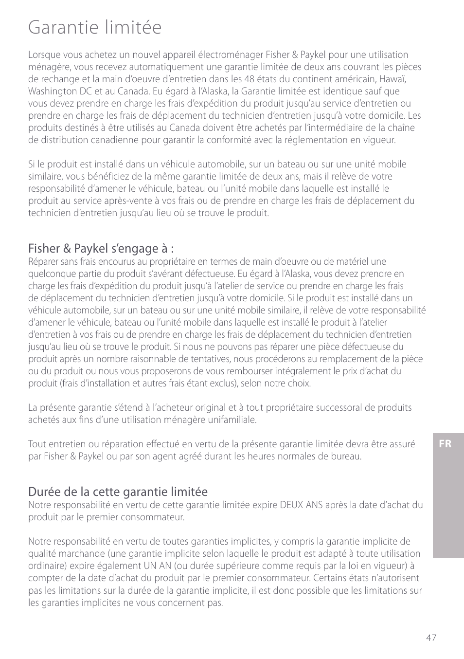 Garantie limitée | Fisher & Paykel GC912M User Manual | Page 49 / 52