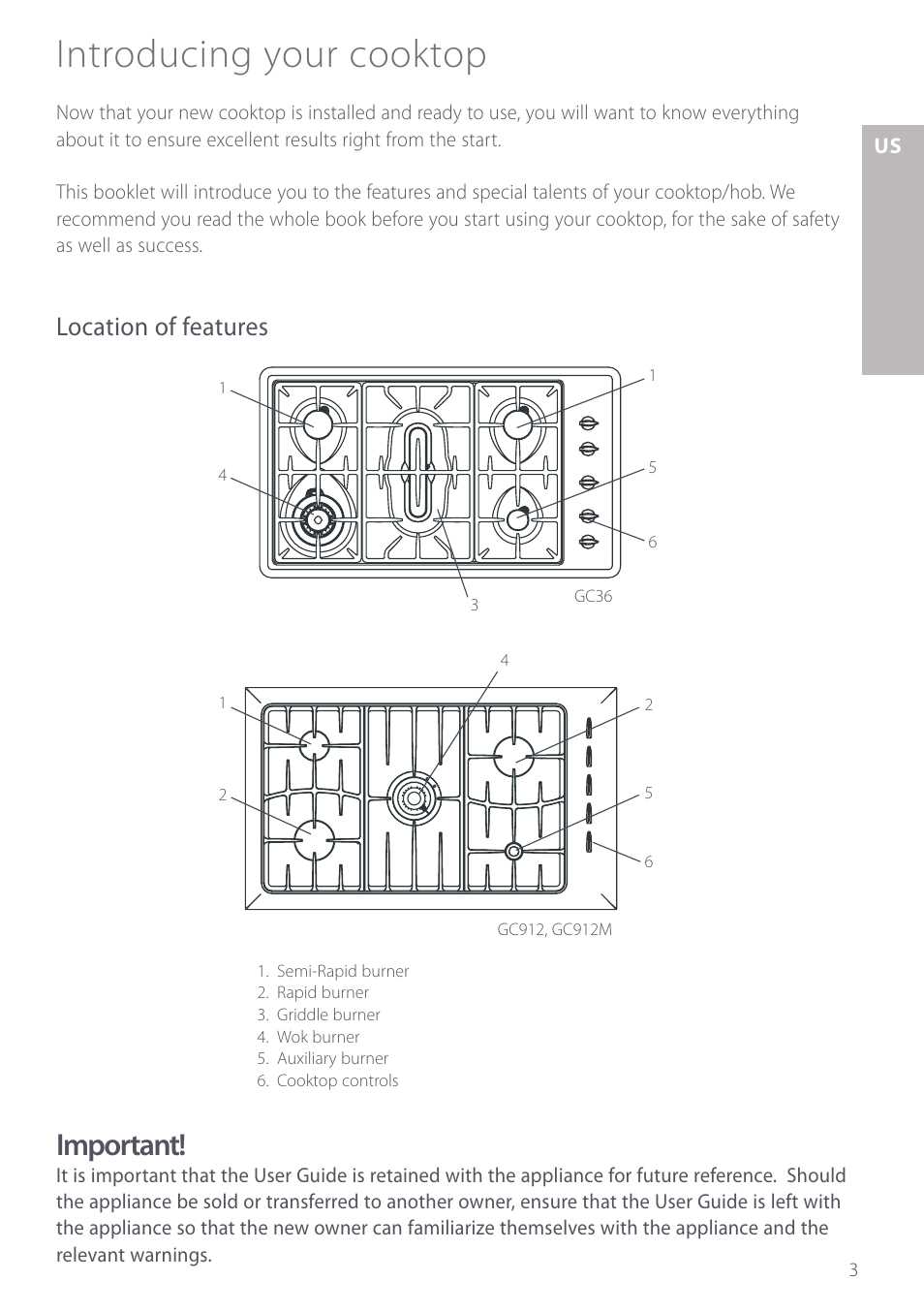 Introducing your cooktop, Important, Location of features | Fisher & Paykel GC912M User Manual | Page 5 / 52