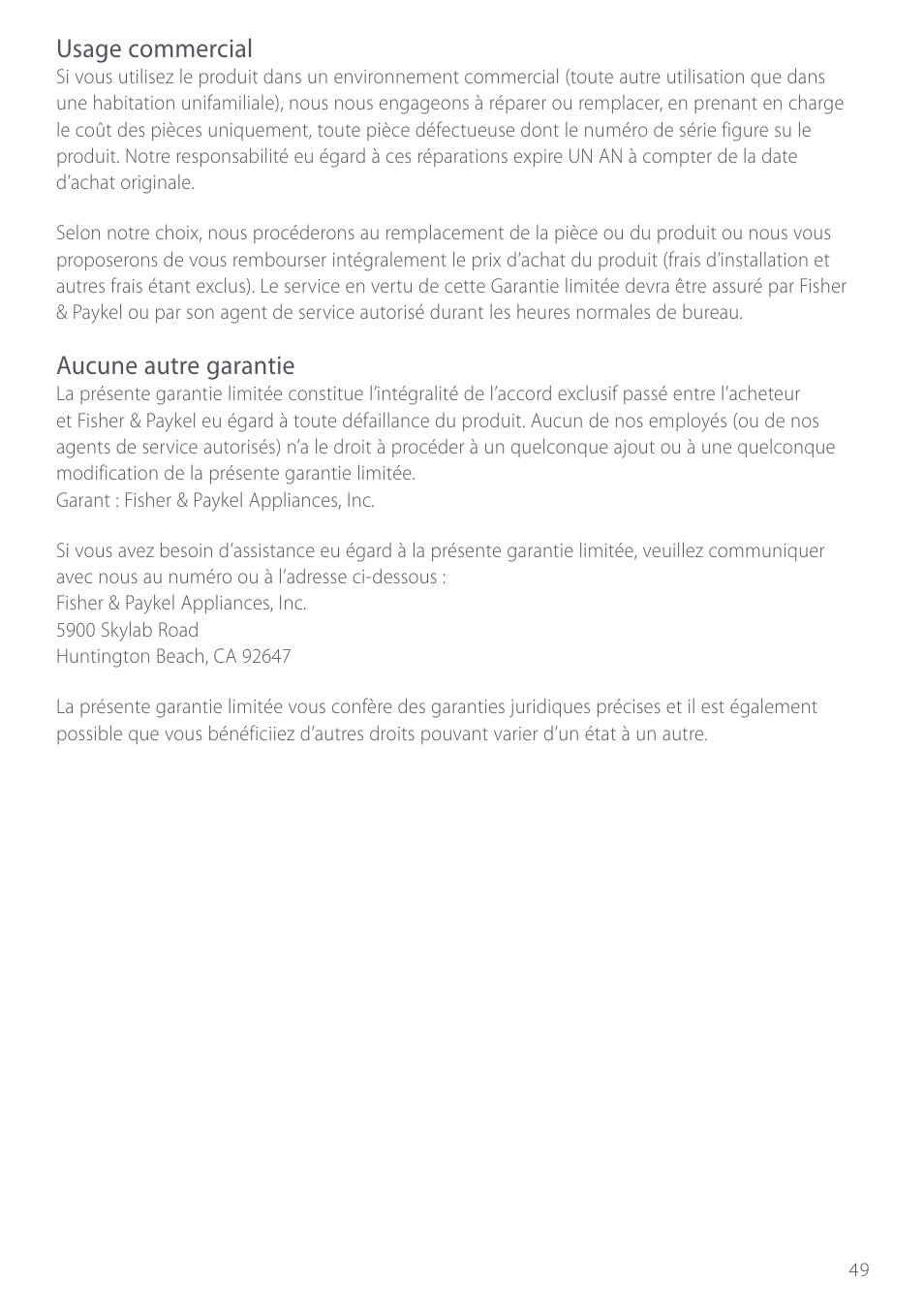 Usage commercial, Aucune autre garantie | Fisher & Paykel GC912M User Manual | Page 51 / 52