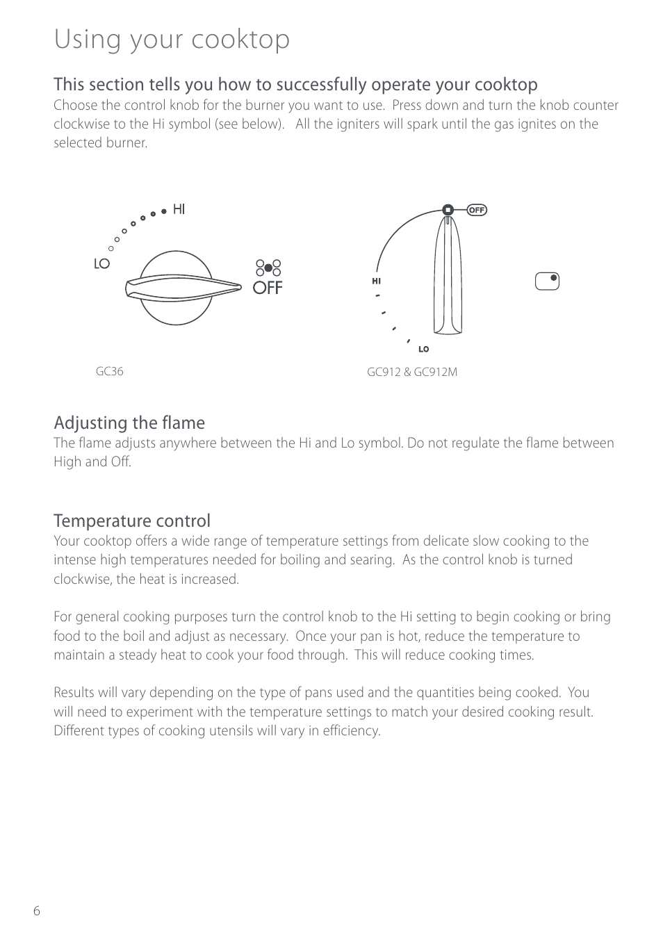 Using your cooktop, Adjusting the flame, Temperature control | Fisher & Paykel GC912M User Manual | Page 8 / 52