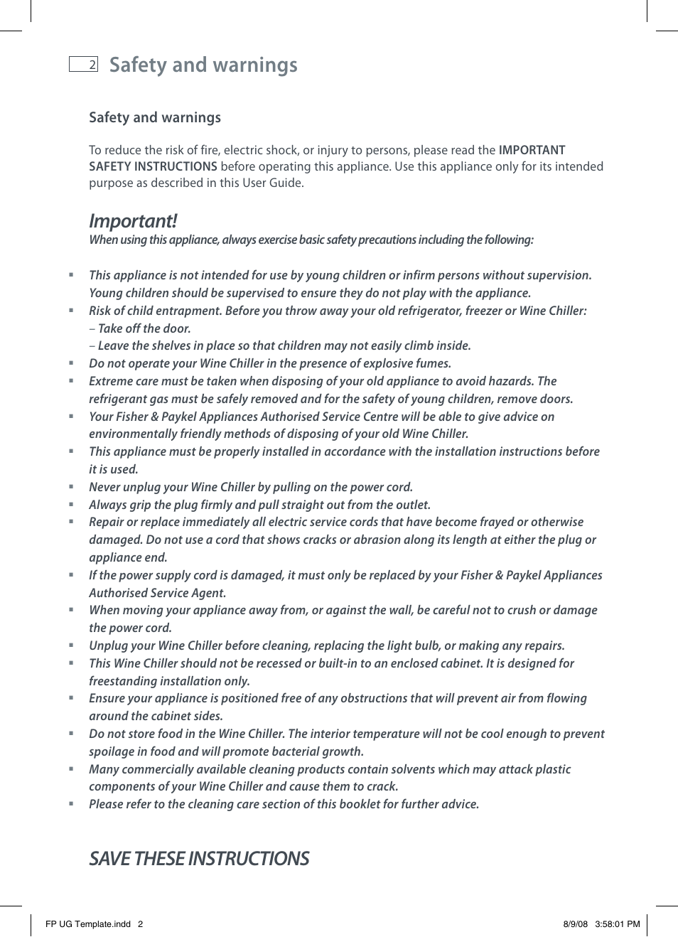 Safety and warnings, Important, Save these instructions | Fisher & Paykel RF51RCWX1 User Manual | Page 4 / 16