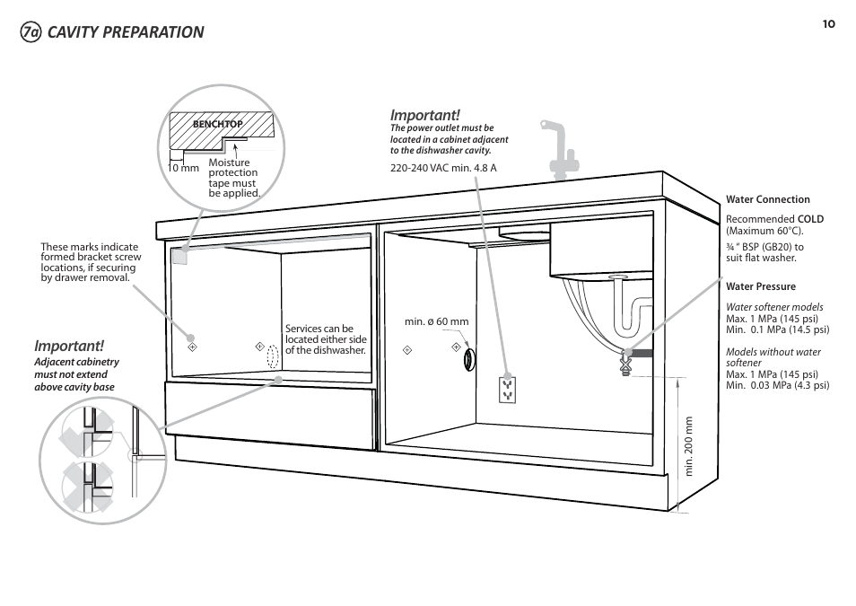 Cavity preparation, Important | Fisher & Paykel DD60S 7 User Manual | Page 10 / 23