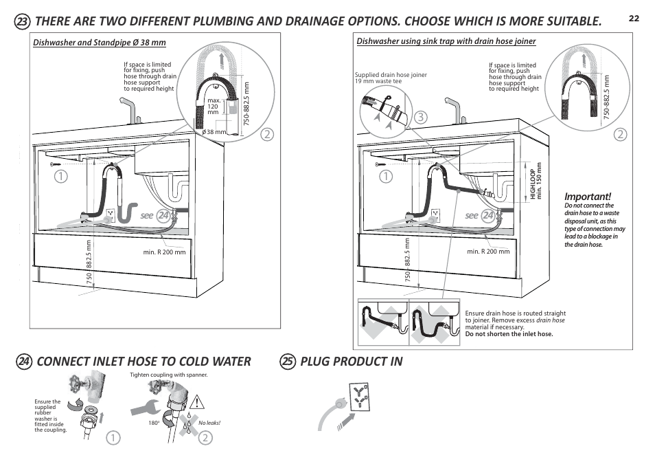 Connect inlet hose to cold water plug product in | Fisher & Paykel DD60S 7 User Manual | Page 22 / 23