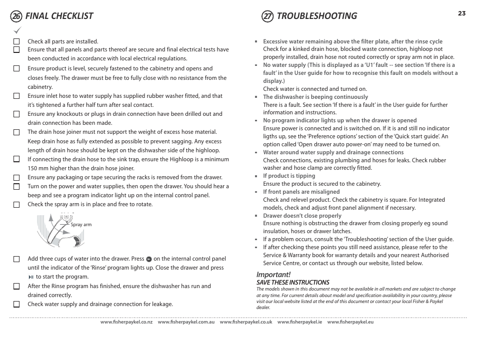 Final checklist troubleshooting | Fisher & Paykel DD60S 7 User Manual | Page 23 / 23