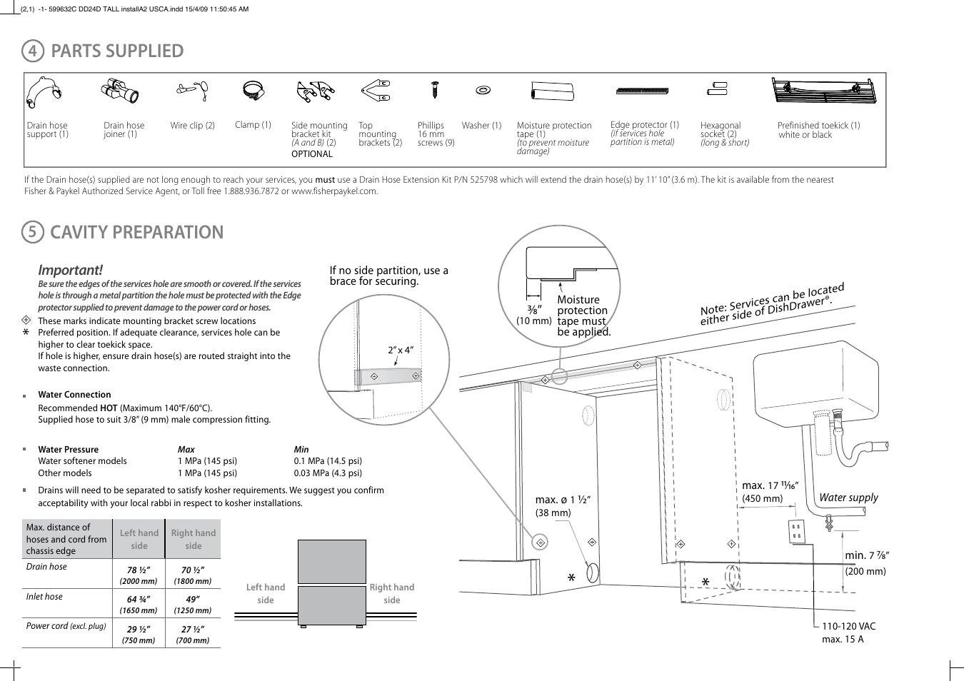 Parts supplied, Cavity preparation, Important | Fisher & Paykel DD24DT User Manual | Page 3 / 9