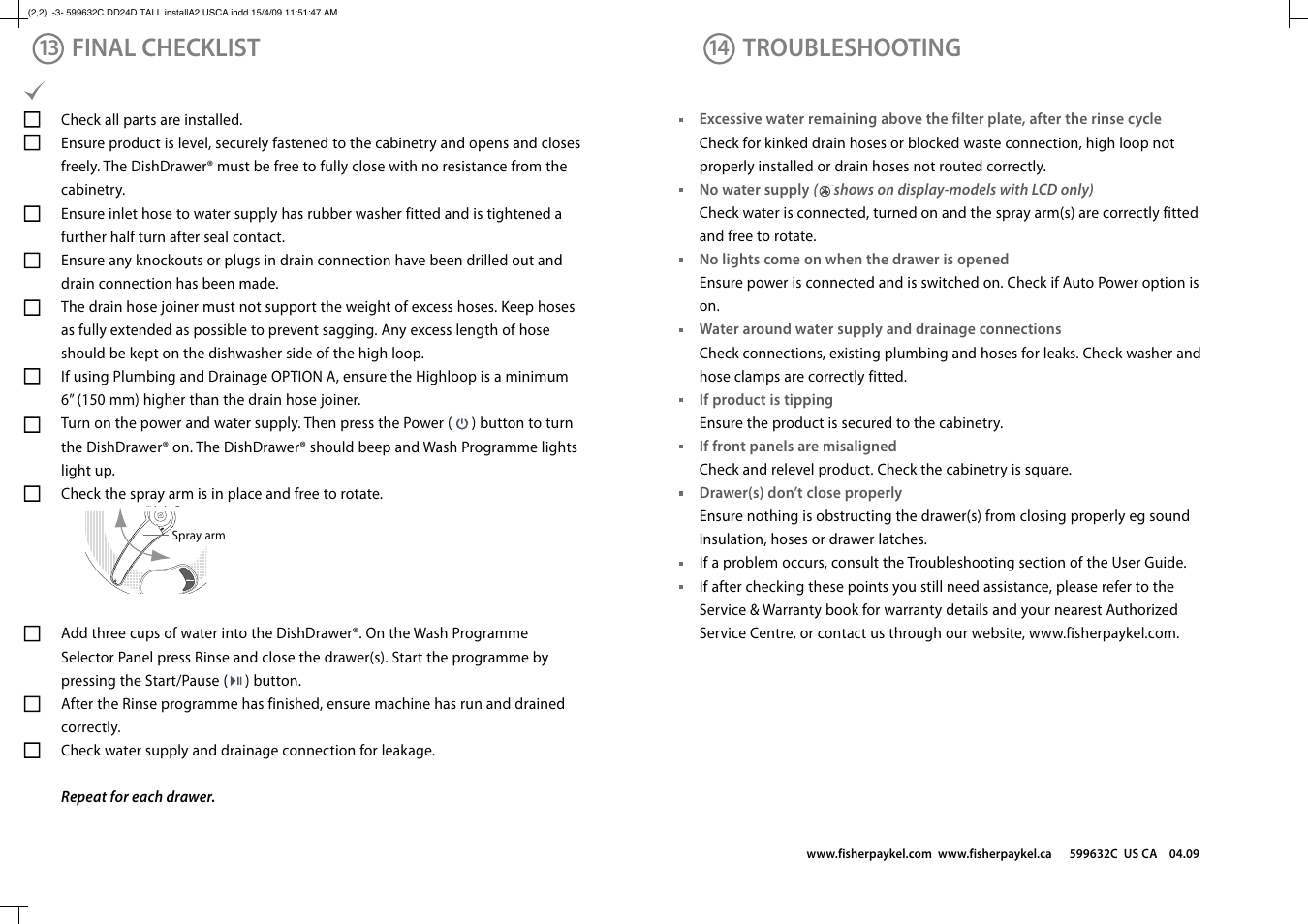 Final checklist, Troubleshooting | Fisher & Paykel DD24DT User Manual | Page 9 / 9