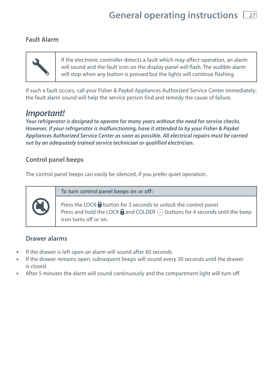 General operating instructions, Important | Fisher & Paykel CoolDrawer RB36S User Manual | Page 29 / 56