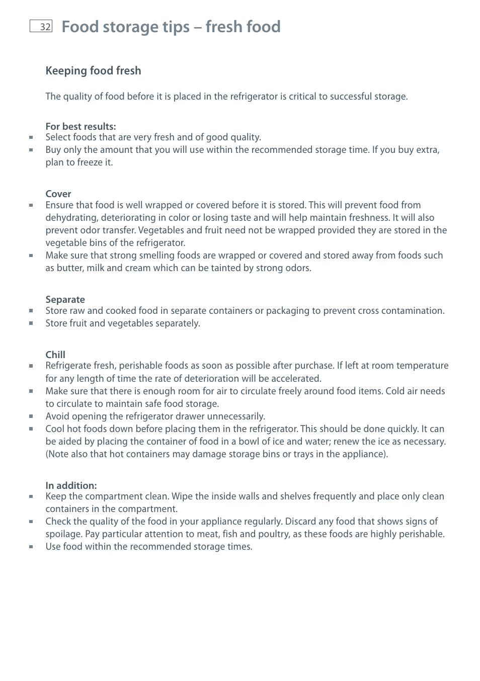 Food storage tips – fresh food | Fisher & Paykel CoolDrawer RB36S User Manual | Page 34 / 56