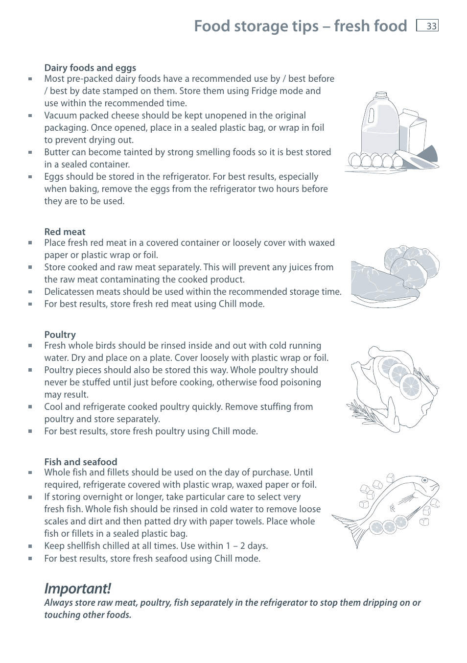 Food storage tips – fresh food, Important | Fisher & Paykel CoolDrawer RB36S User Manual | Page 35 / 56