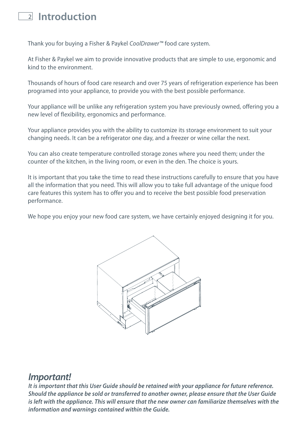 Introduction, Important | Fisher & Paykel CoolDrawer RB36S User Manual | Page 4 / 56