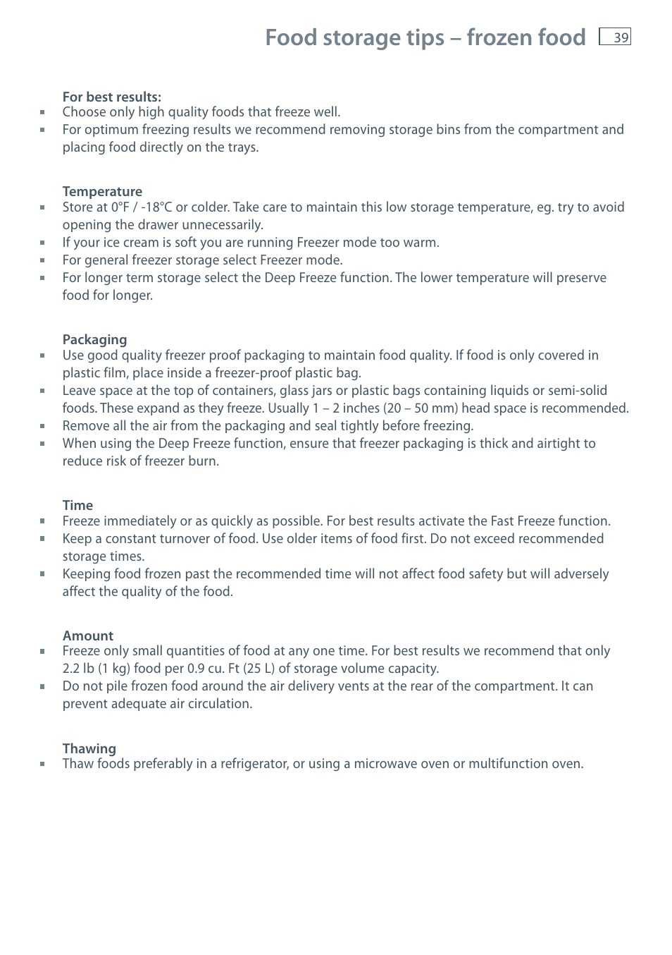 Food storage tips – frozen food | Fisher & Paykel CoolDrawer RB36S User Manual | Page 41 / 56