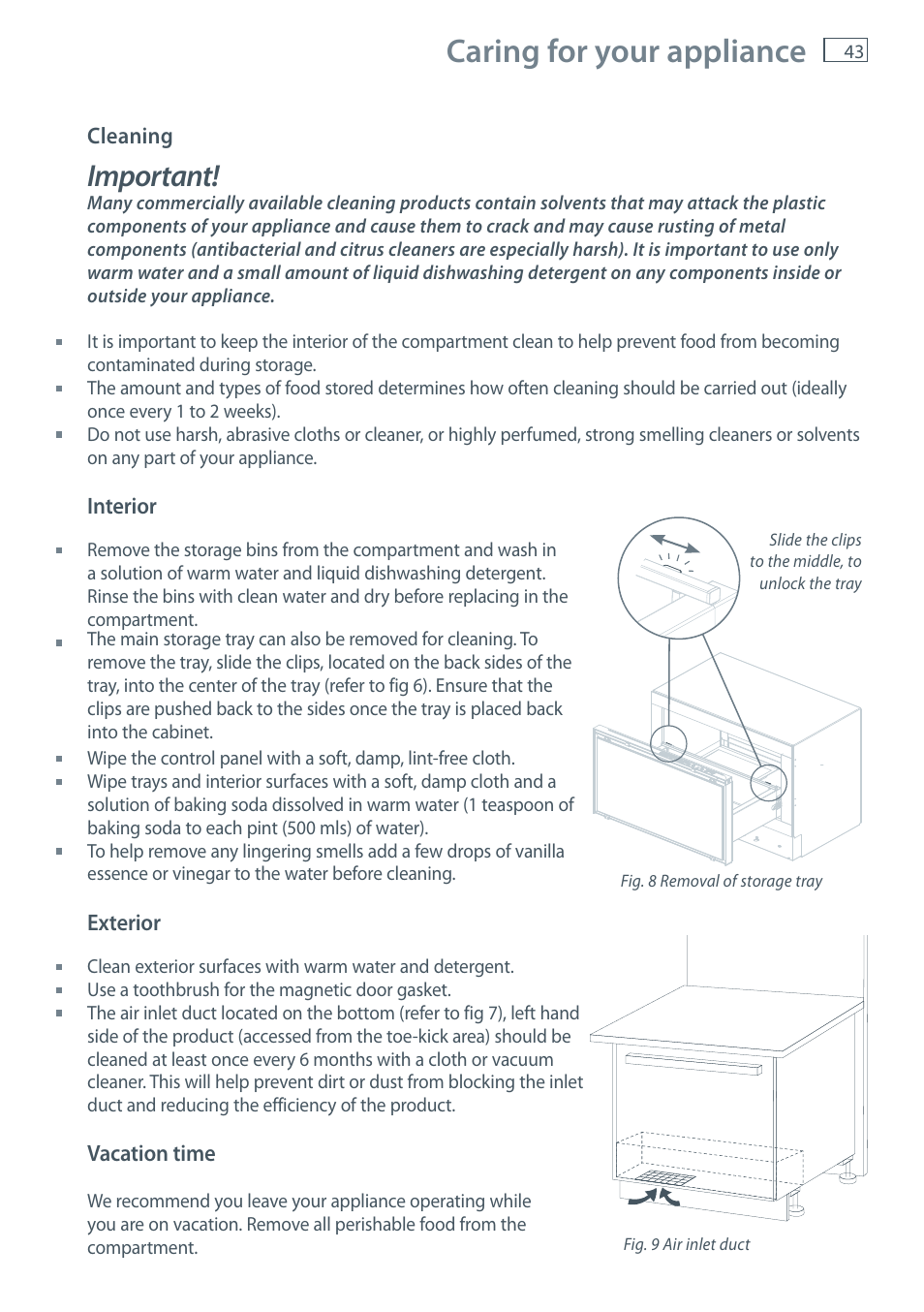 Caring for your appliance, Important | Fisher & Paykel CoolDrawer RB36S User Manual | Page 45 / 56