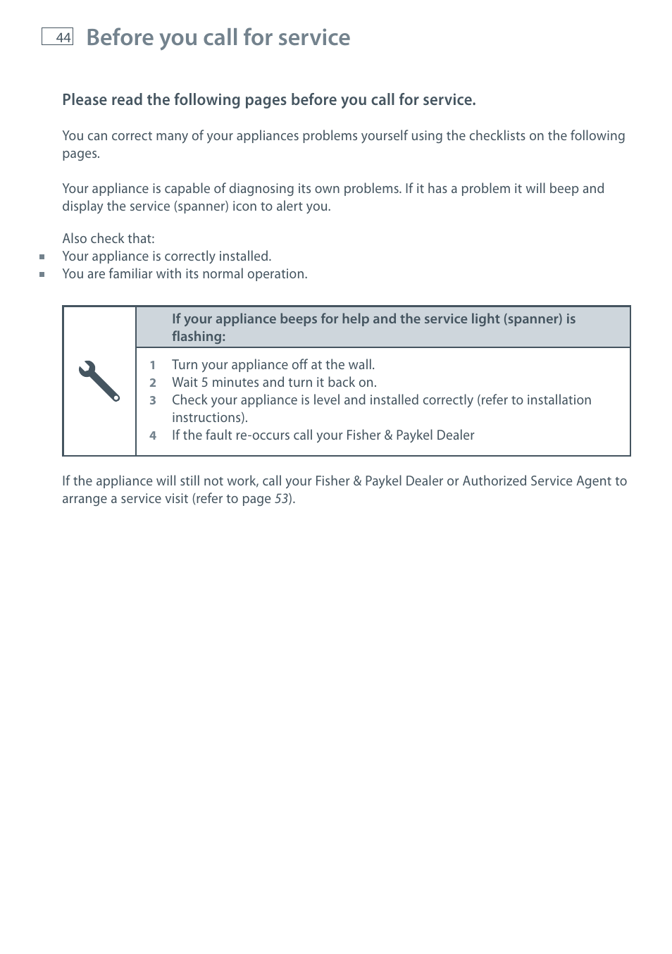 Before you call for service | Fisher & Paykel CoolDrawer RB36S User Manual | Page 46 / 56