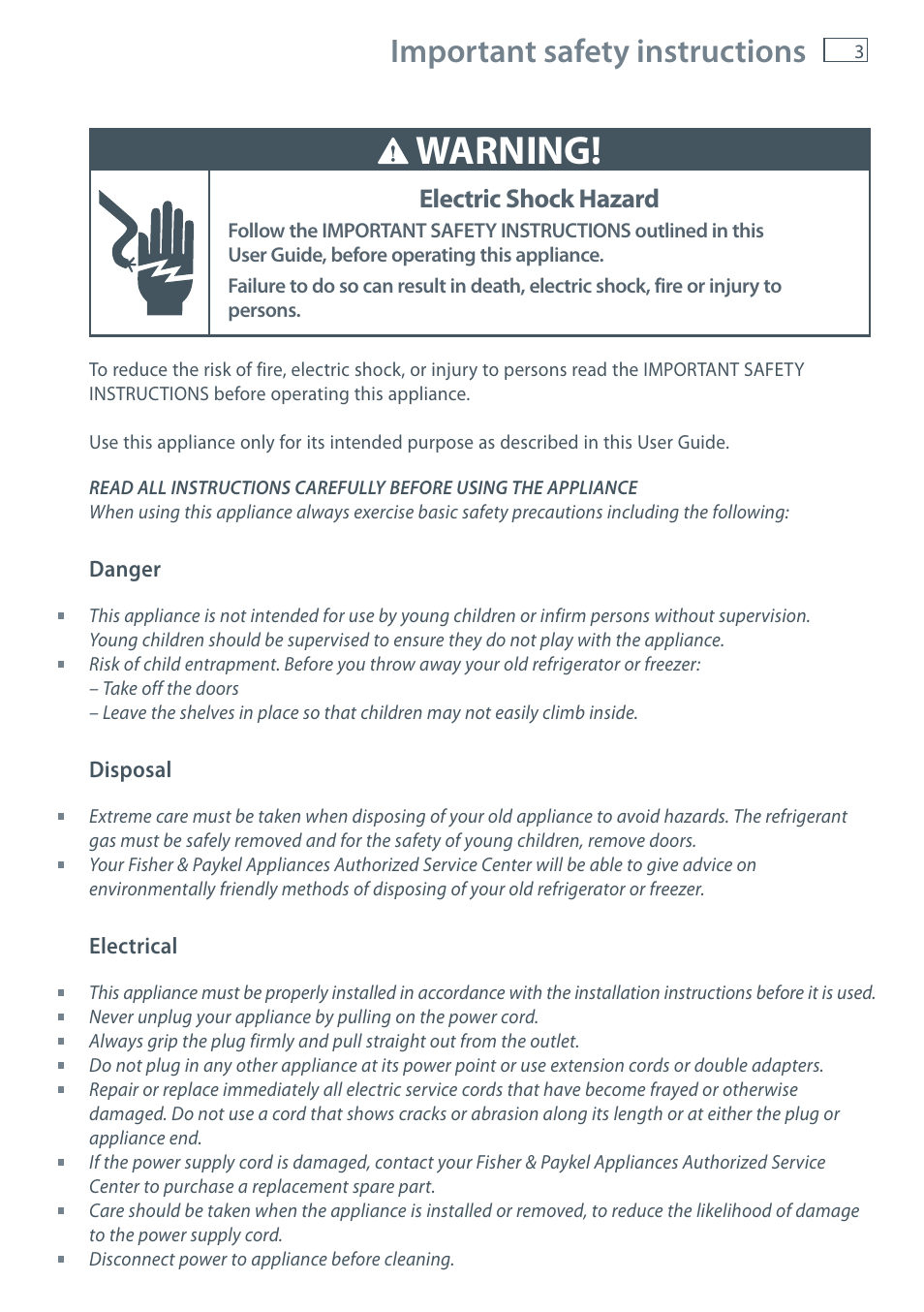 Warning, Important safety instructions, Electric shock hazard | Fisher & Paykel CoolDrawer RB36S User Manual | Page 5 / 56
