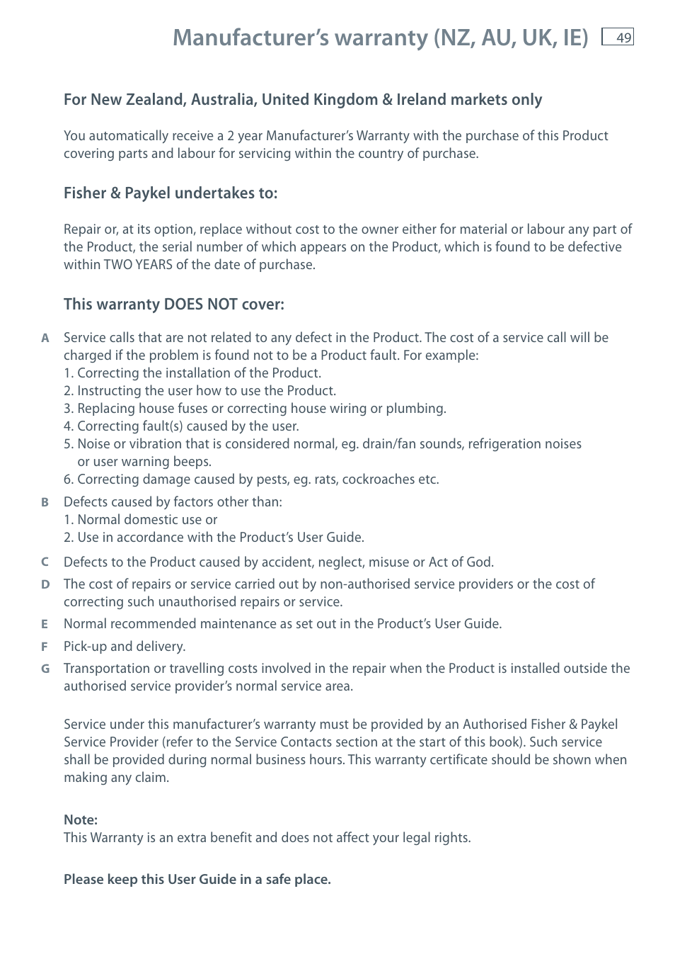 Manufacturer’s warranty (nz, au, uk, ie) | Fisher & Paykel CoolDrawer RB36S User Manual | Page 51 / 56