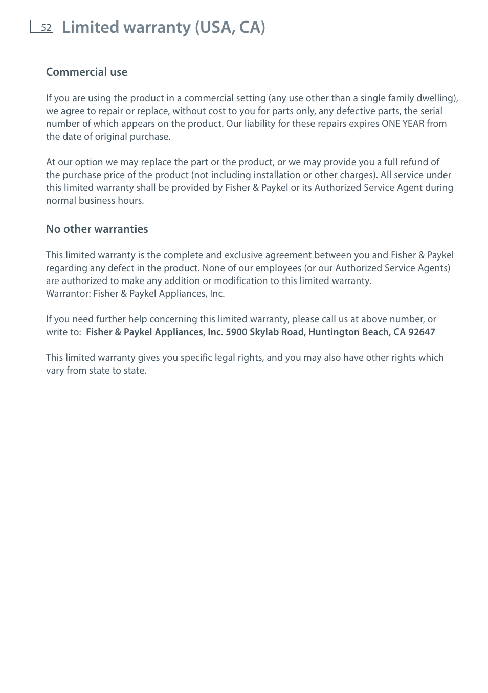 Limited warranty (usa, ca) | Fisher & Paykel CoolDrawer RB36S User Manual | Page 54 / 56