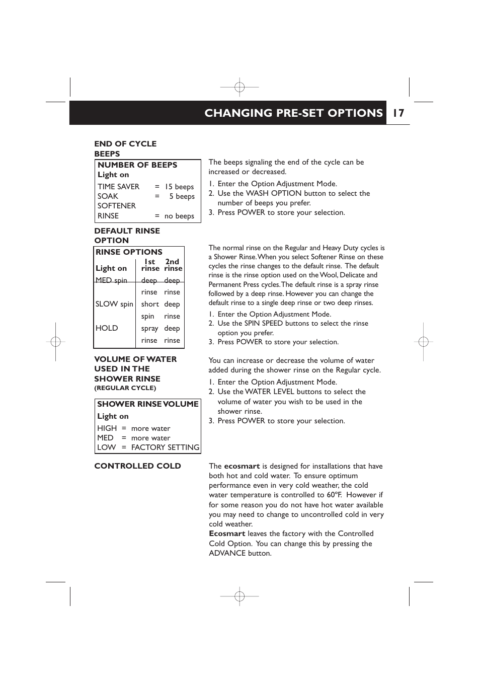 17 changing pre-set options | Fisher & Paykel 420182 User Manual | Page 19 / 36