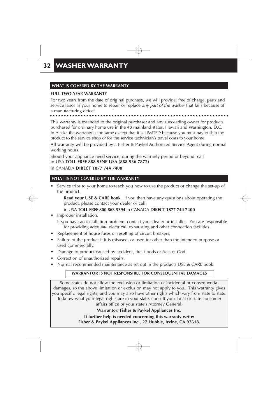 Washer warranty | Fisher & Paykel 420182 User Manual | Page 34 / 36
