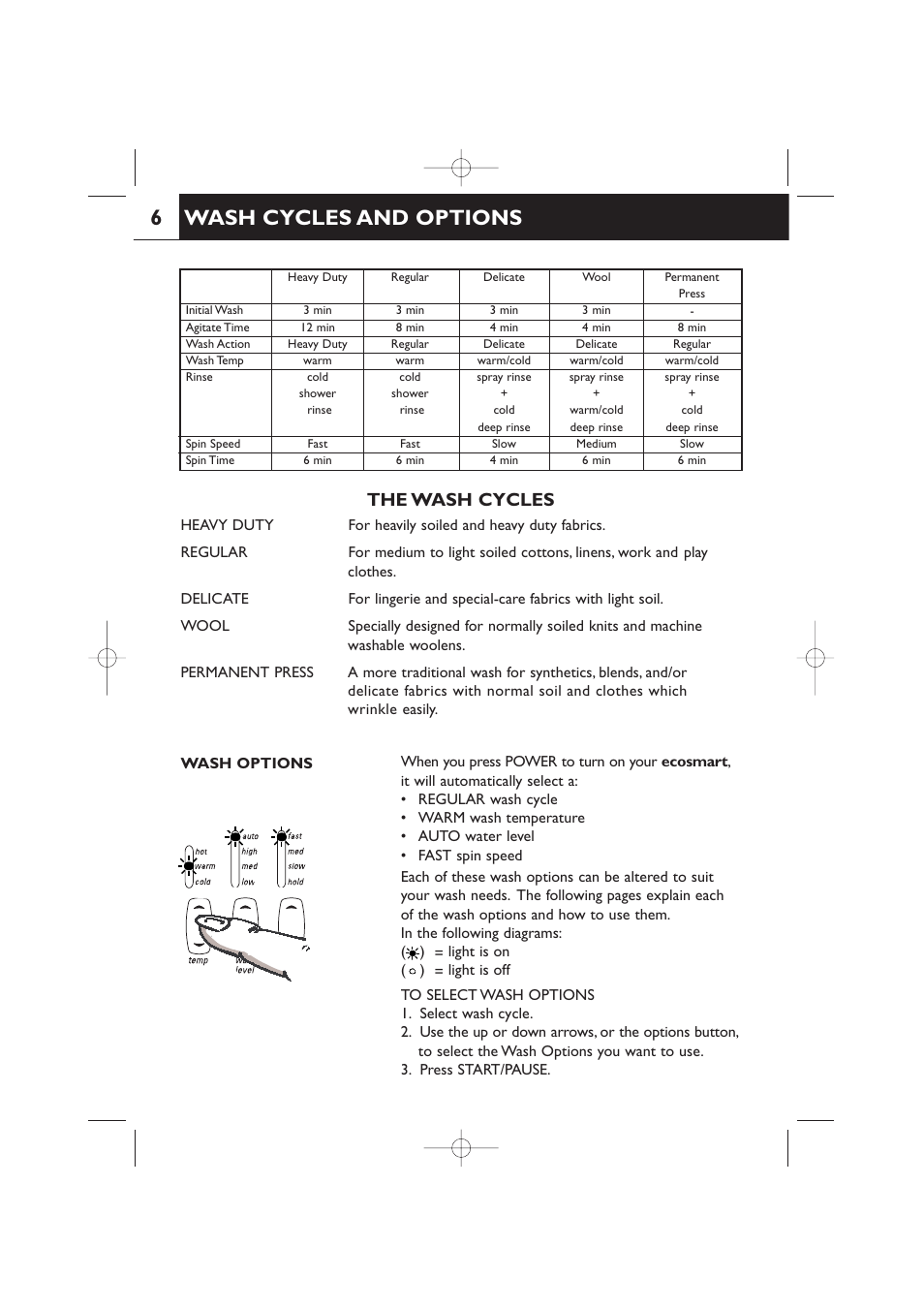 Wash cycles and options, The wash cycles | Fisher & Paykel 420182 User Manual | Page 8 / 36