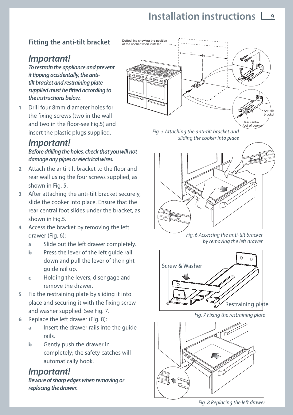 Installation instructions, Important, Fitting the anti-tilt bracket | Fisher & Paykel OR120 User Manual | Page 11 / 52