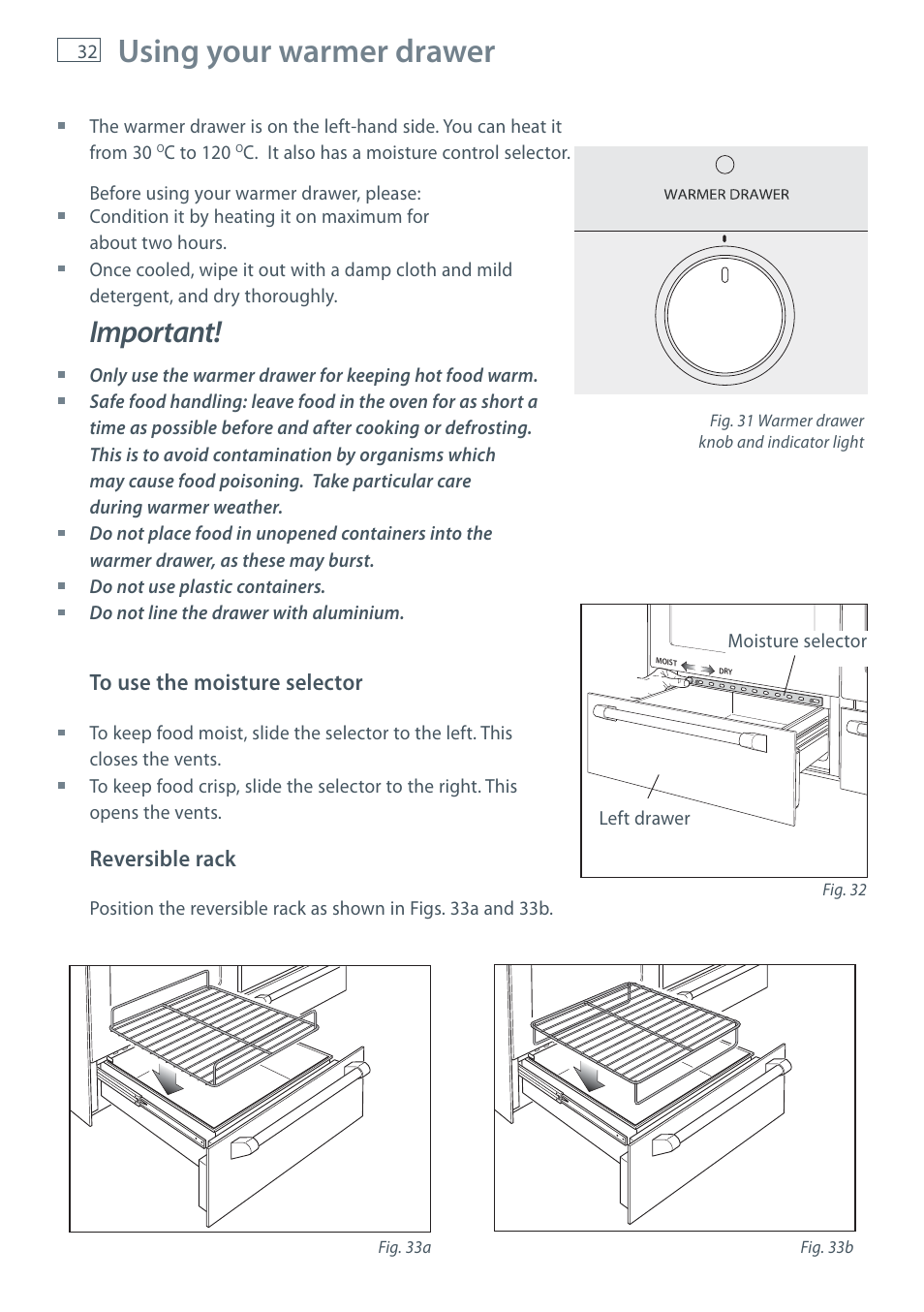 Using your warmer drawer, Important | Fisher & Paykel OR120 User Manual | Page 34 / 52