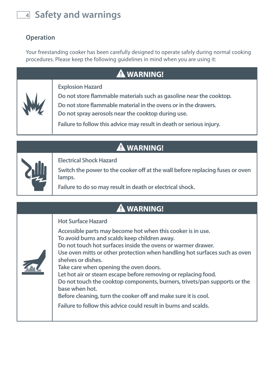 Safety and warnings, Warning | Fisher & Paykel OR120 User Manual | Page 6 / 52